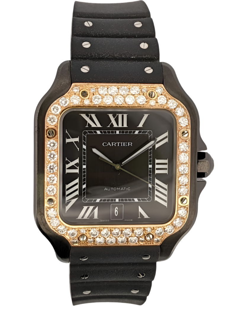 Cartier Santos Watch With Black Rubber Band Rose Gold Diamond Bezel Elite Fine Jewelers