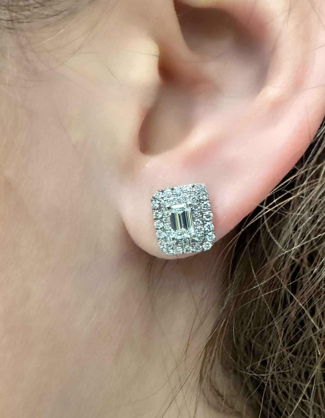 Emerald Cut with Double Halo Natural Diamond Earrings in 14k White Gold