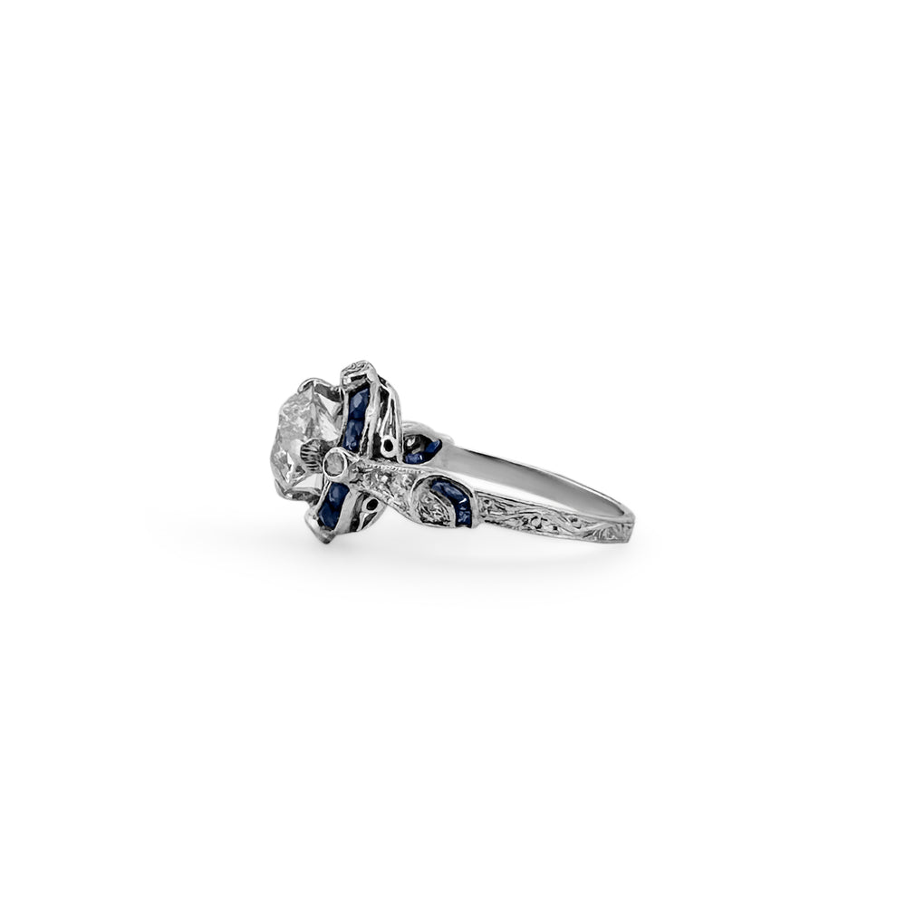 Art Deco 1.21cts Old European Diamond & Synthetic Sapphire Platinum Engagement Ring - side