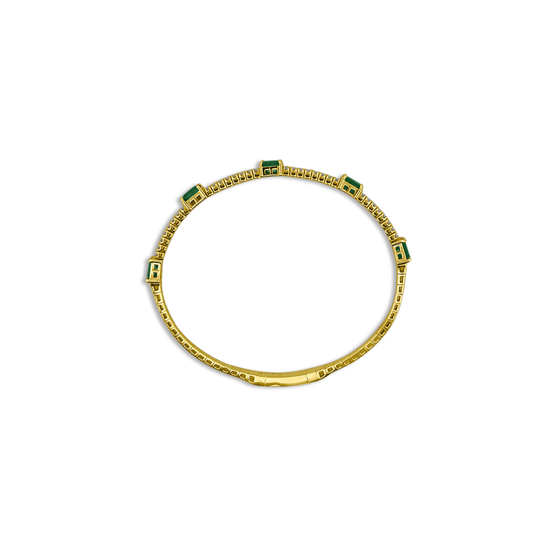 Round Brilliant Diamond & Emerald Station Flex Bangle Bracelet in 14k Yellow Gold