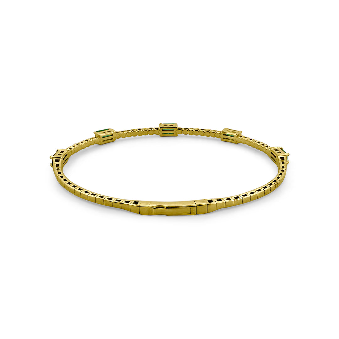 Round Brilliant Diamond & Emerald Station Flex Bangle Bracelet in 14k Yellow Gold