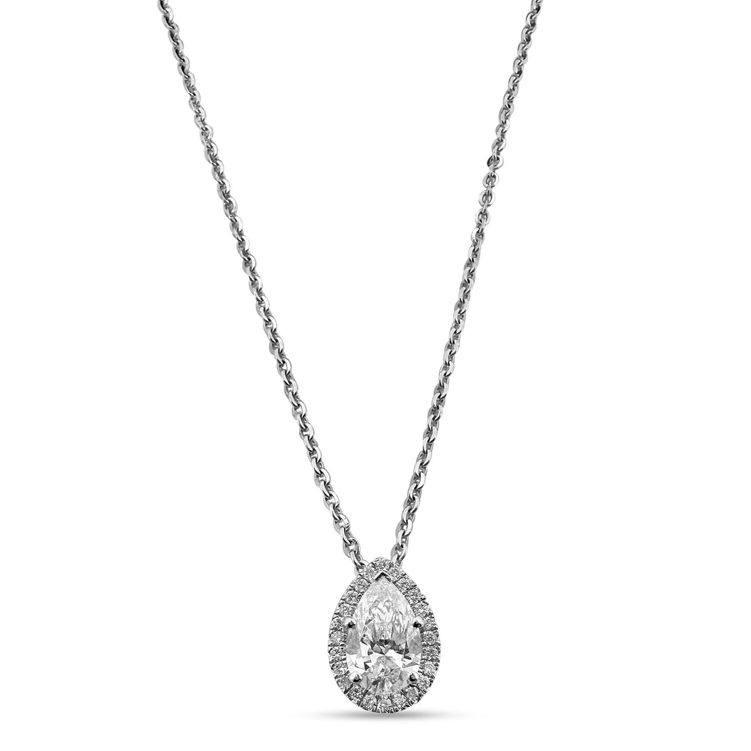 0.71ct Pear Shape Center Lab-Grown Diamond Halo Necklace in 14k White Gold