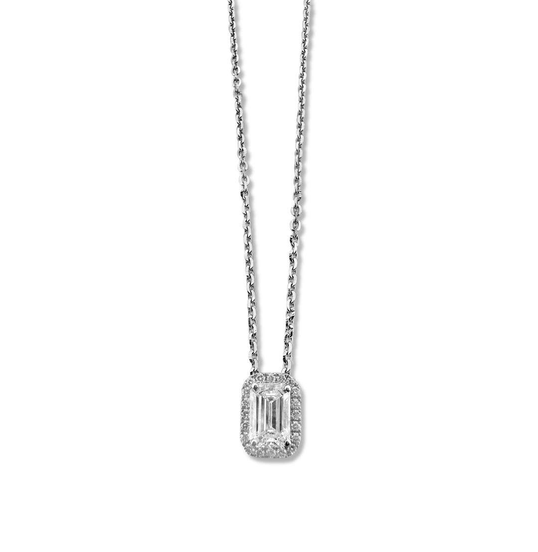 0.57ctw Emerald Cut Center Lab-Grown Diamond Halo Necklace in 14k White Gold