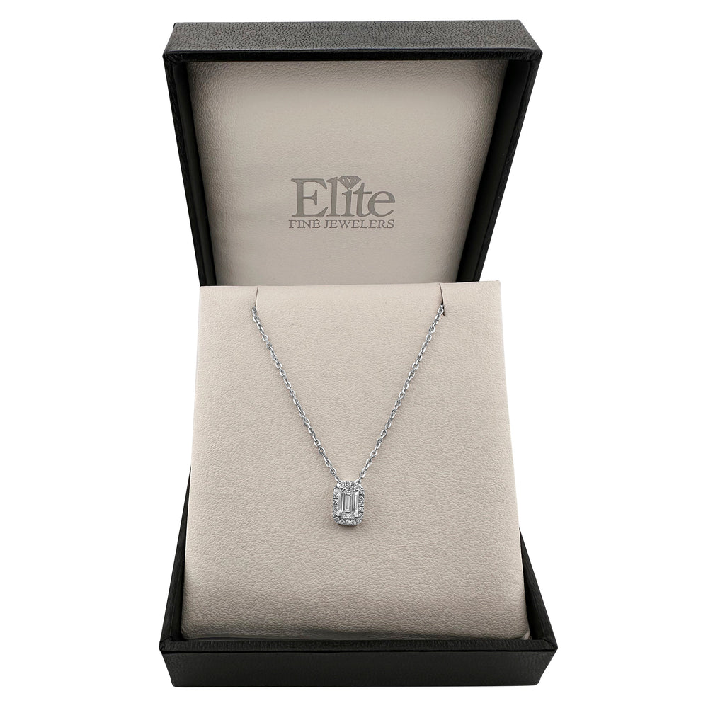 0.57ctw Emerald Cut Center Lab-Grown Diamond Halo Necklace in 14k White Gold