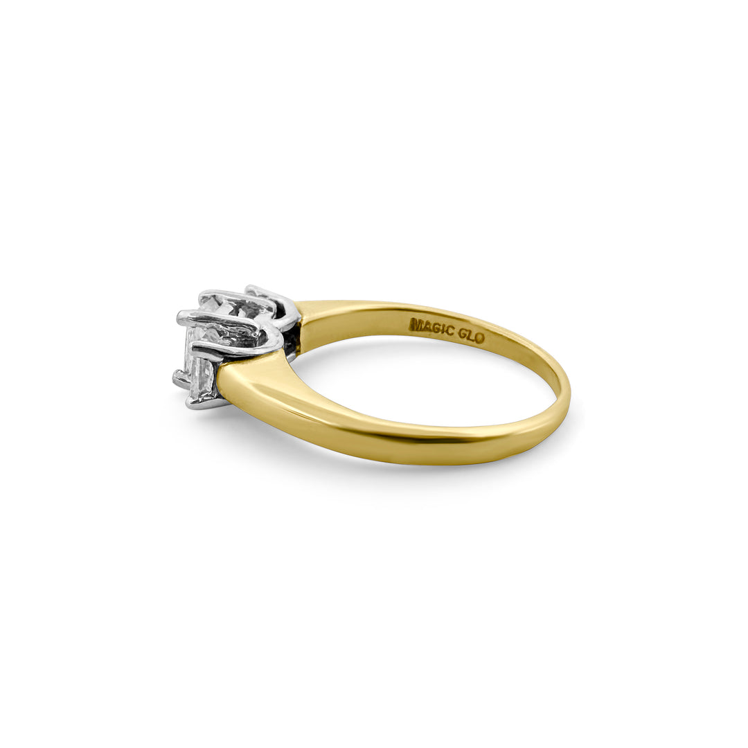 Yellow gold and platinum 3-stone princess cut diamond ring, side view with makers mark
