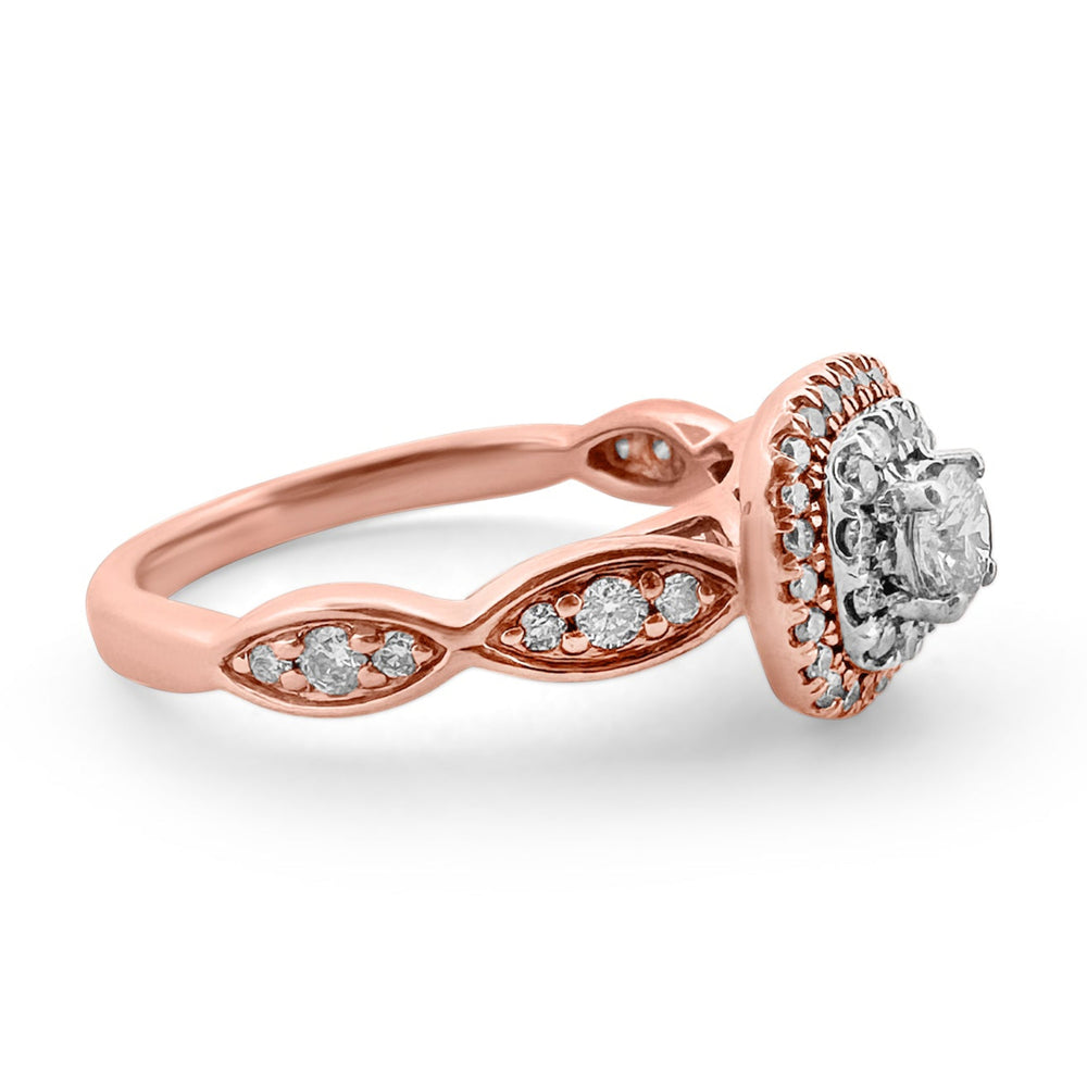 Diamond double halo with scalloped sides, set in 14k rose gold ring, side view