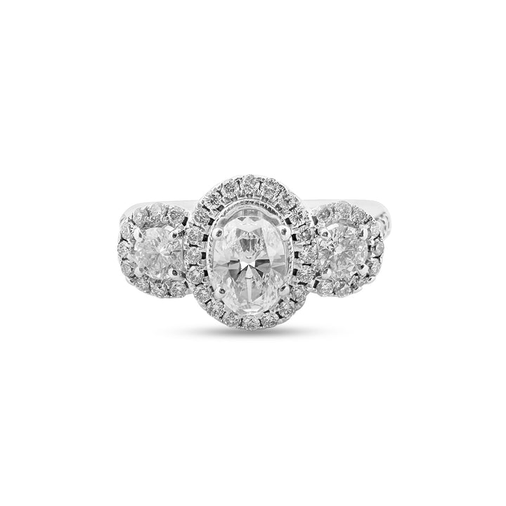 1.16ctw 3-stone Oval and Round Halo Engagement Ring in 14k White Gold
