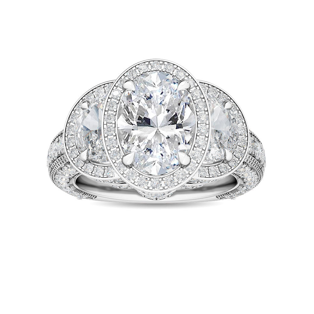 4.50ctw Oval with Half-Moon Lab-Grown Diamond 3-Stone Halo Engagement Ring in 14k White Gold