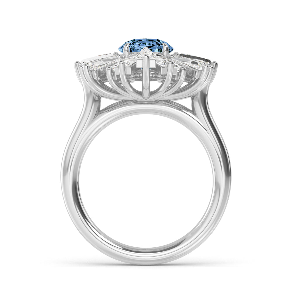 2.04ct Oval Vivid Blue Center and Baguette Lab-Grown Diamond Cocktail Ring in 14k White Gold