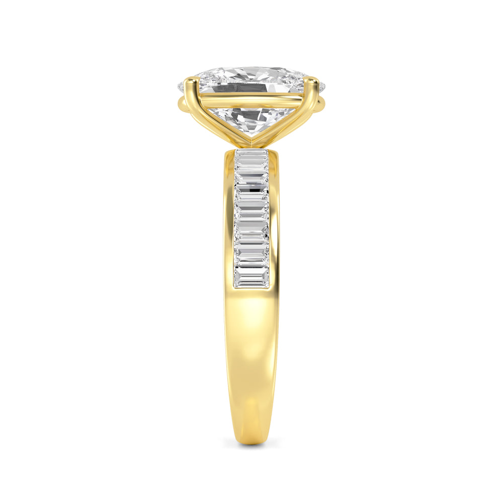 IGI Graded 3.09ct Cushion Cut with Baguettes Lab-Grown Diamond Engagement Ring in 14k Yellow Gold