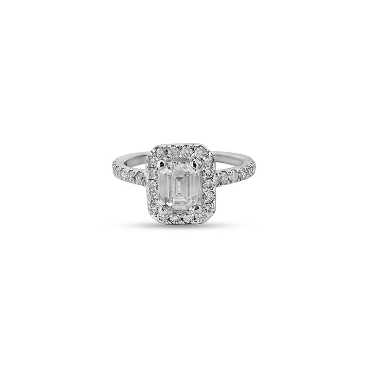 Internally Flawless Emerald Cut Diamond Halo Engagement Ring in 18k White Gold