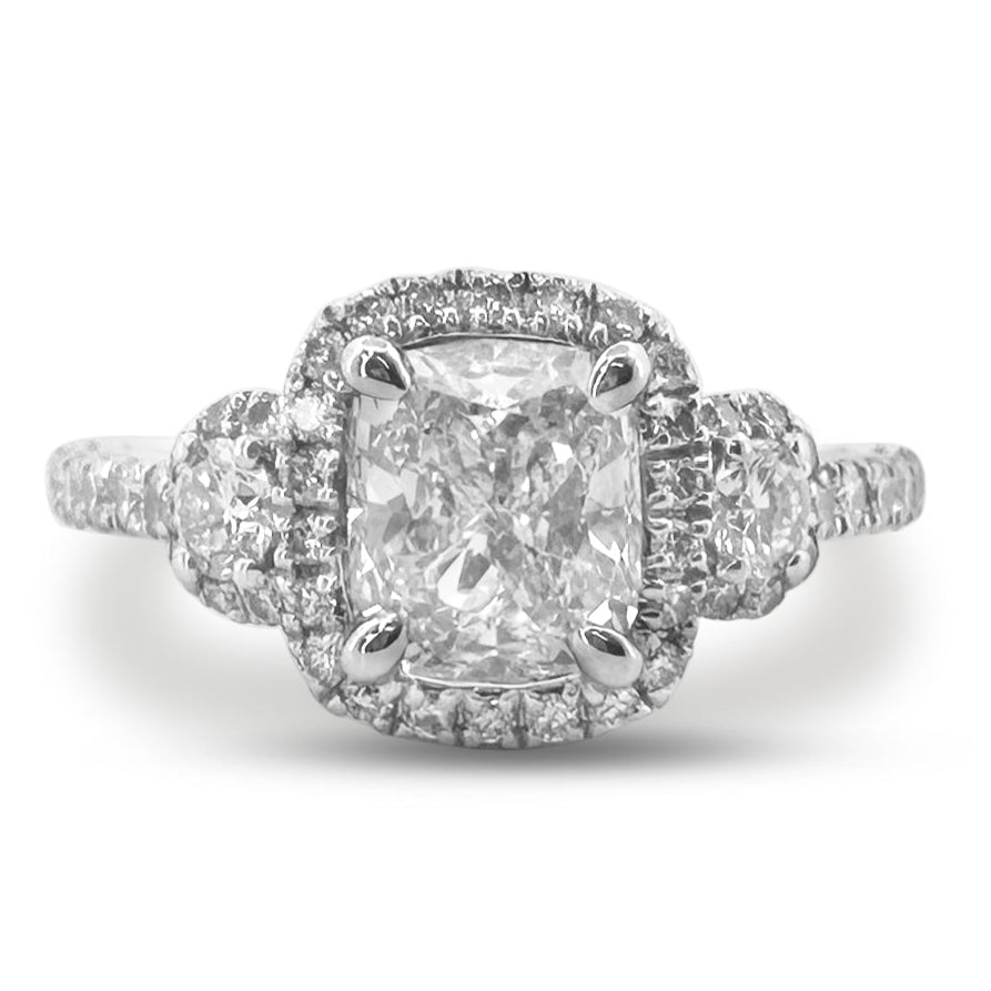 GIA Graded 1.78ctw Cushion Cut & Round Brilliant Natural Diamond Engagement Ring in 14k White Gold
