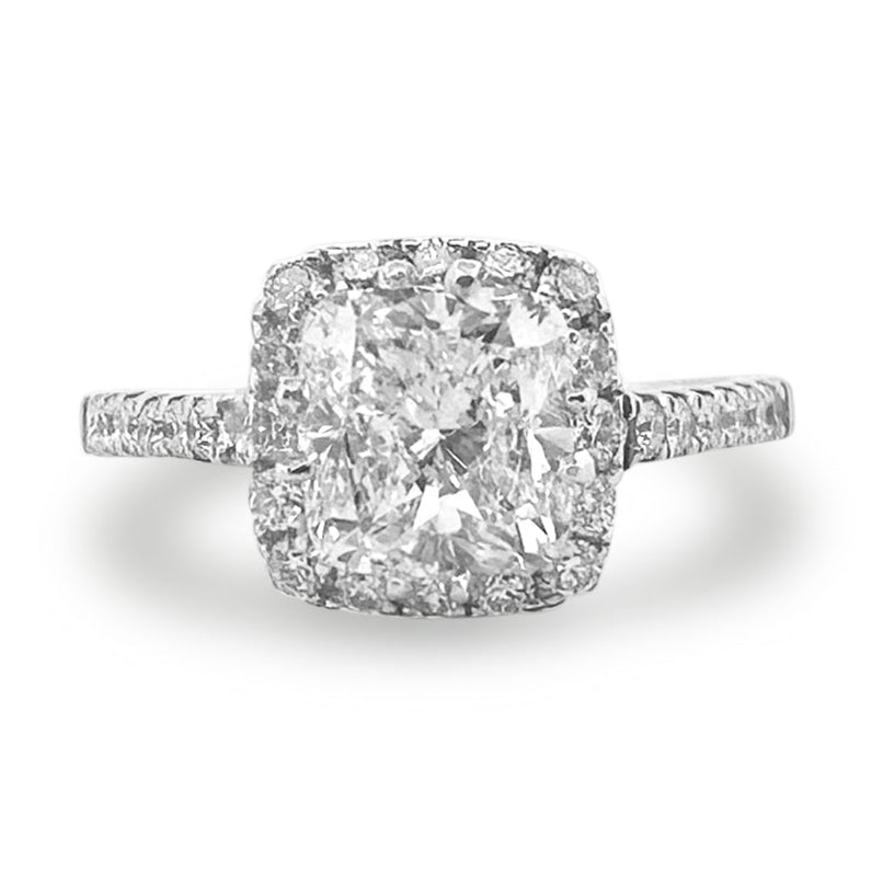 GIA Graded Cushion Cut & Round Brilliant Halo Natural Diamond Engagement Ring in 14k White Gold