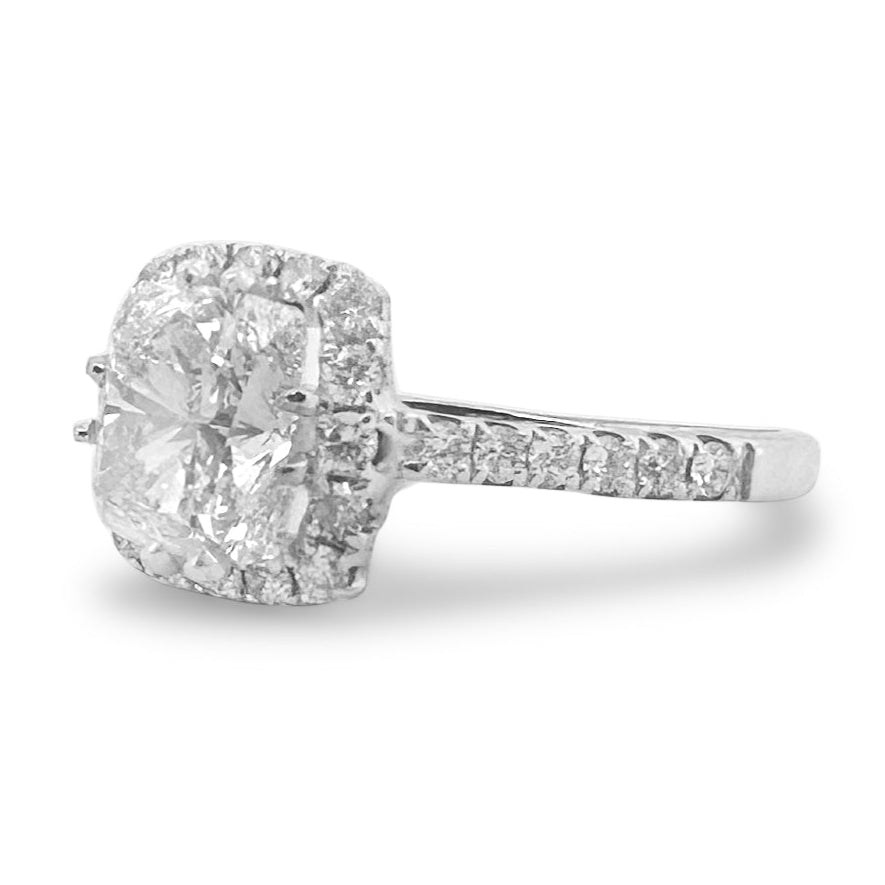 GIA Graded Cushion Cut & Round Brilliant Halo Natural Diamond Engagement Ring in 14k White Gold