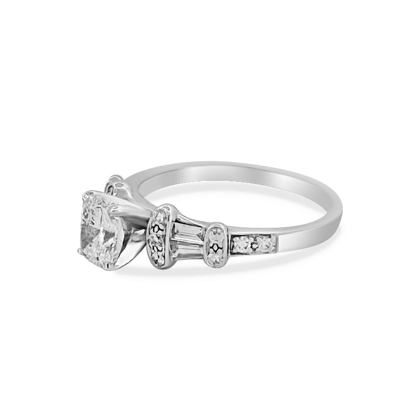 GIA Graded Radiant Cut With Baguette & Round Brilliant Natural Diamond Engagement Ring in 14k White Gold