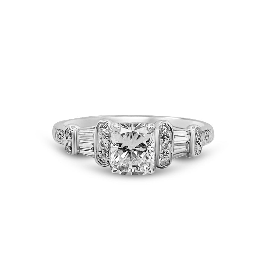 GIA Graded Radiant Cut With Baguette & Round Brilliant Natural Diamond Engagement Ring in 14k White Gold
