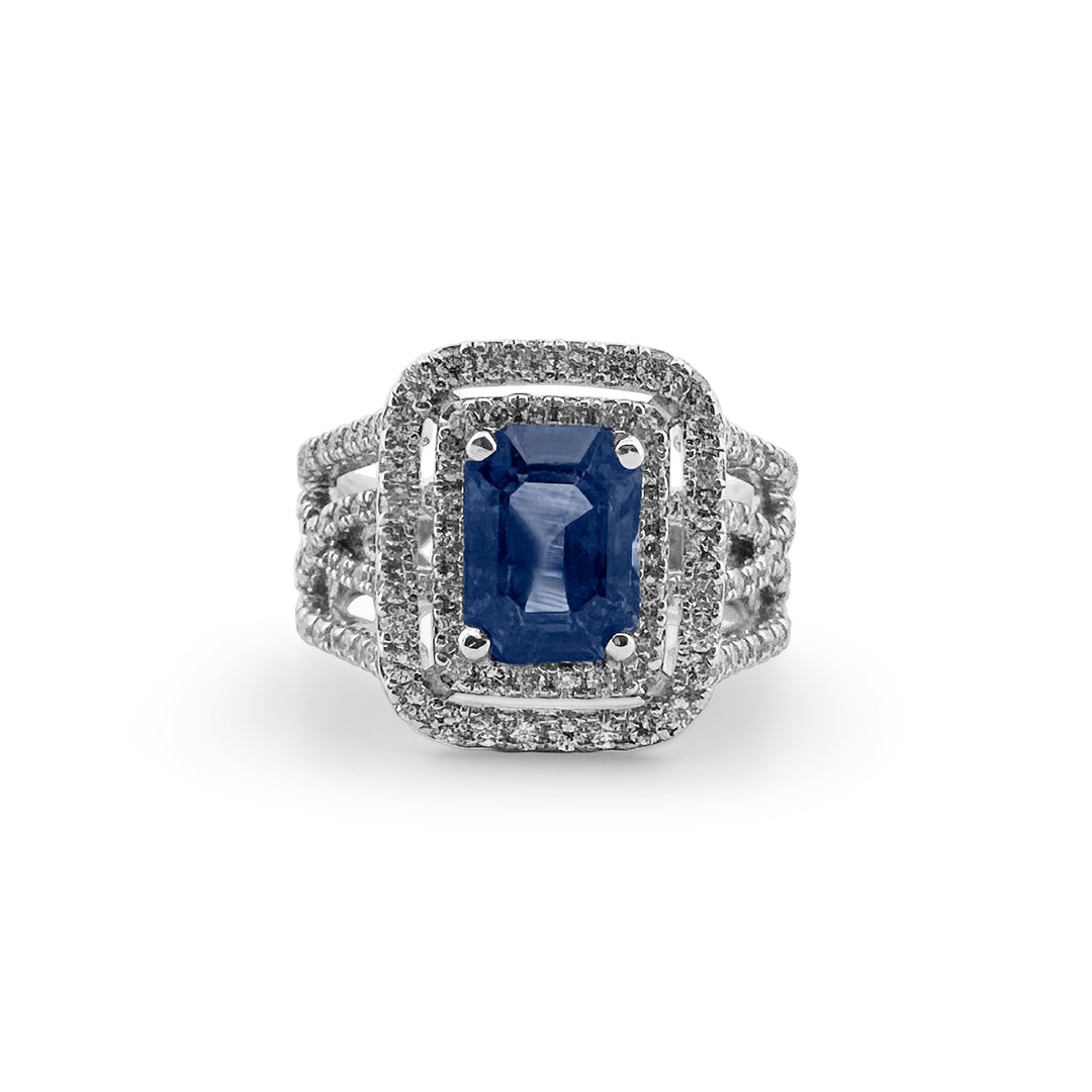 2.01cts Radiant Cut Sapphire with Double Diamond Halo Ring in 18k White Gold