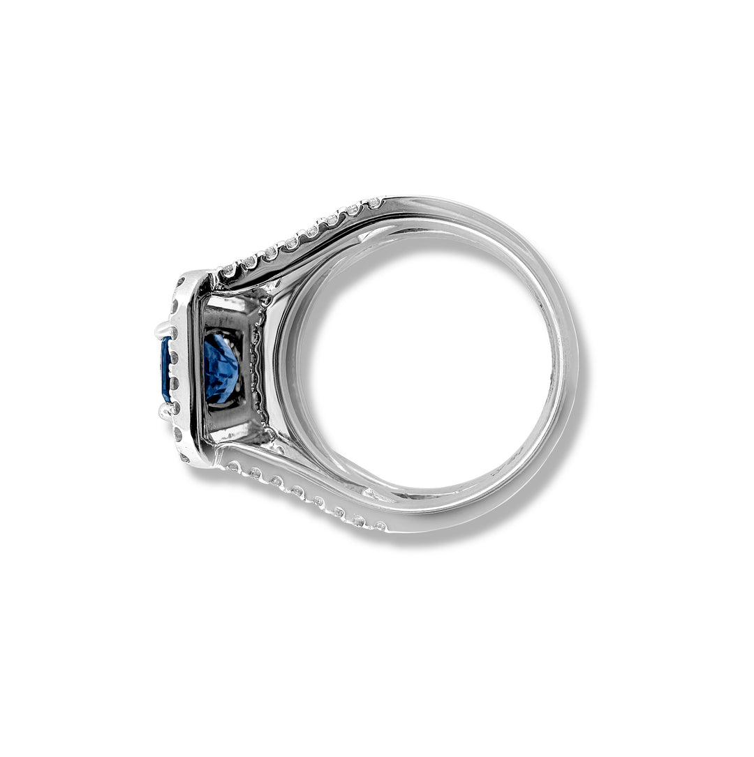 2.01cts Radiant Cut Sapphire with Double Diamond Halo Ring in 18k White Gold