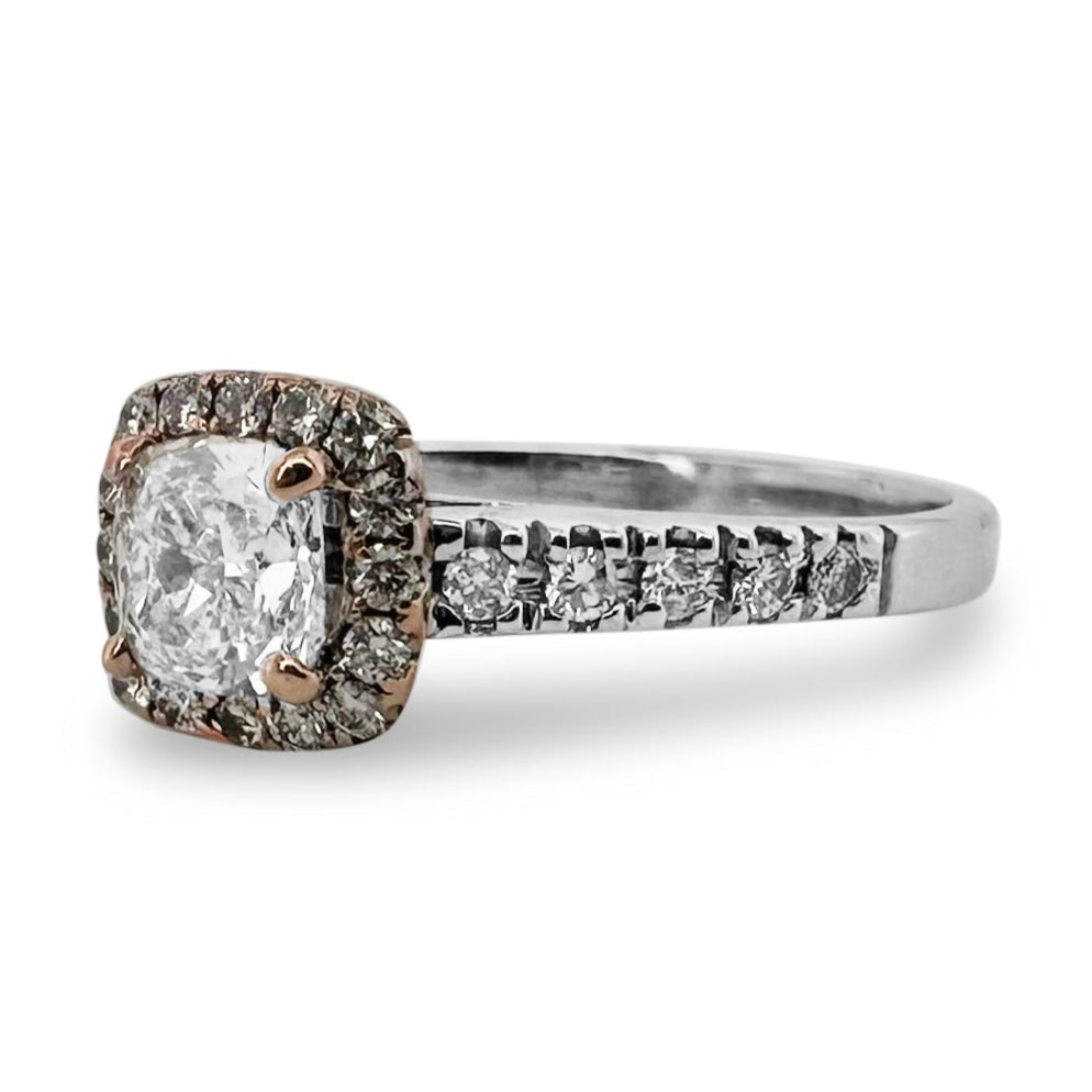 GIA Graded 1.40ctw Cushion Cut & Round Brilliant Halo Natural Diamond Engagement Ring in 14k Two-tone Gold