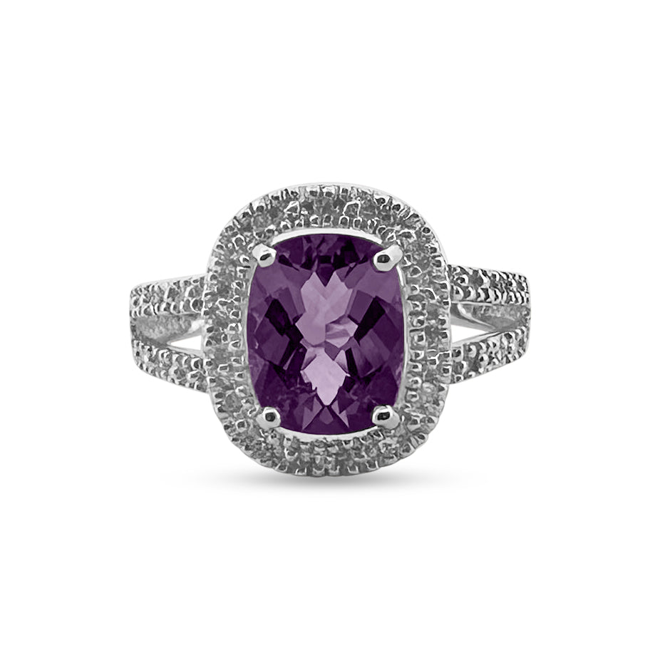 Cushion Cut Amethyst with Diamond Halo Ring in 10k White Gold