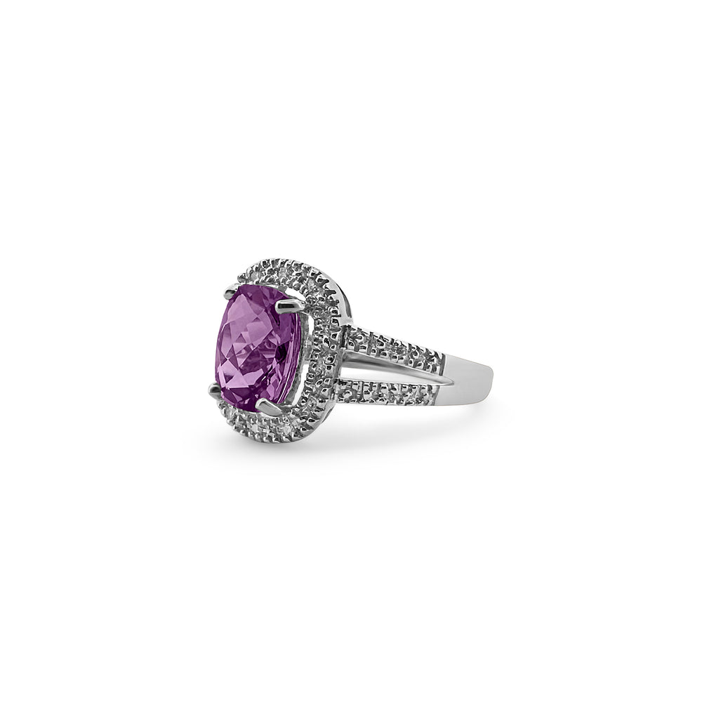 Cushion Cut Amethyst with Diamond Halo Ring in 10k White Gold