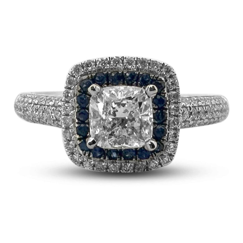 Cushion Cut Diamond with Round Brilliant Diamond and Sapphire Double Halo Engagement Ring in 14k White Gold