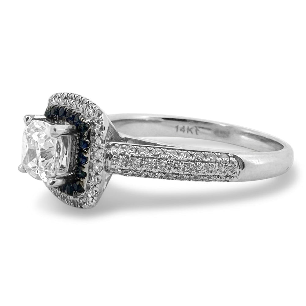 Cushion Cut Diamond with Round Brilliant Diamond and Sapphire Double Halo Engagement Ring in 14k White Gold
