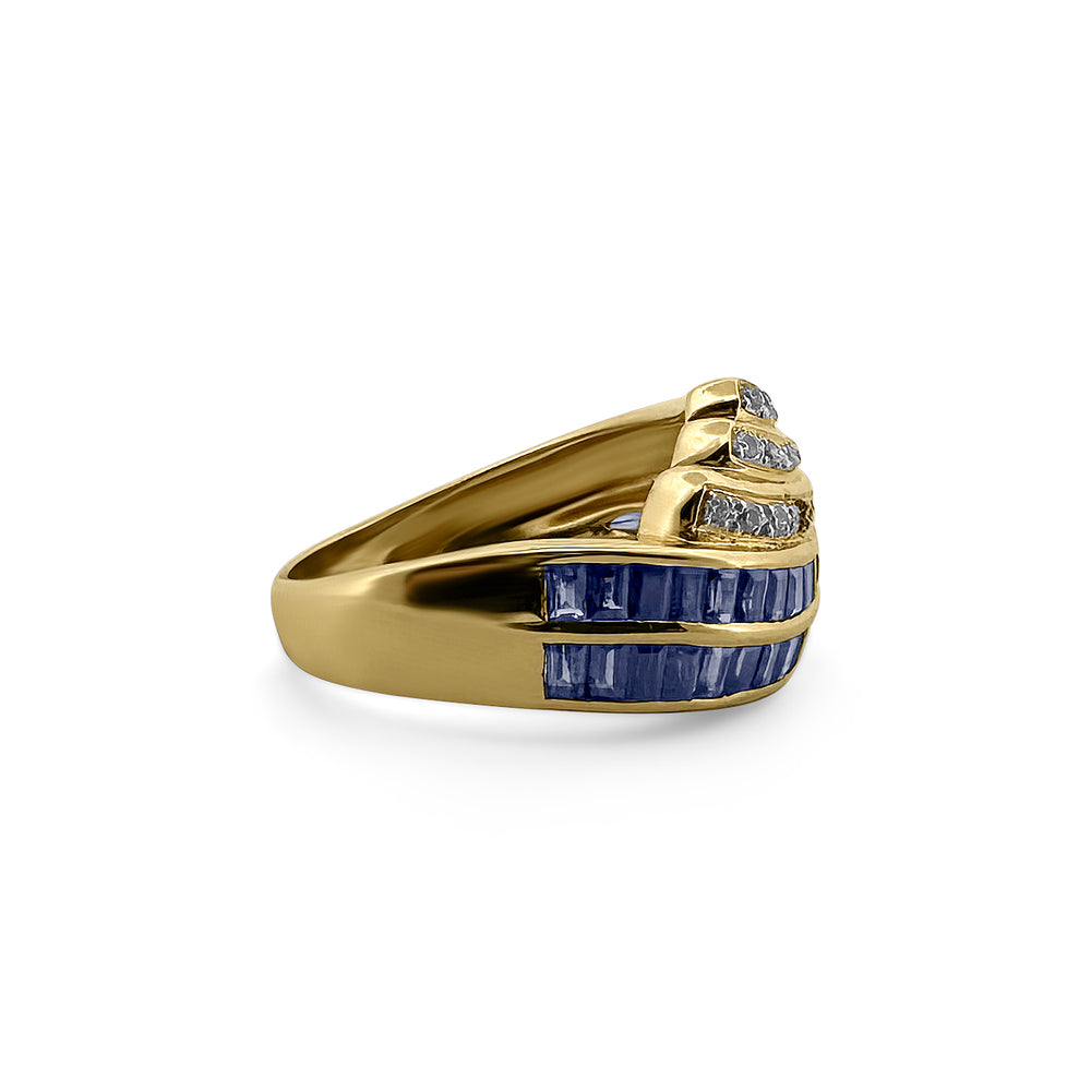 Baguette Sapphire and Round Brilliant Diamond Wave Ring in 14k Yellow Gold