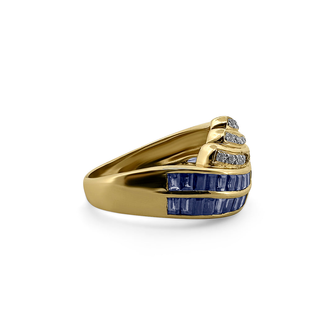 Baguette Sapphire and Round Brilliant Diamond Wave Ring in 14k Yellow Gold