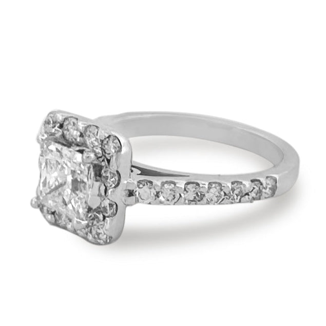 GIA Graded Princess Cut & Round Brilliant Halo Natural Diamond Engagement Ring in 14k White Gold