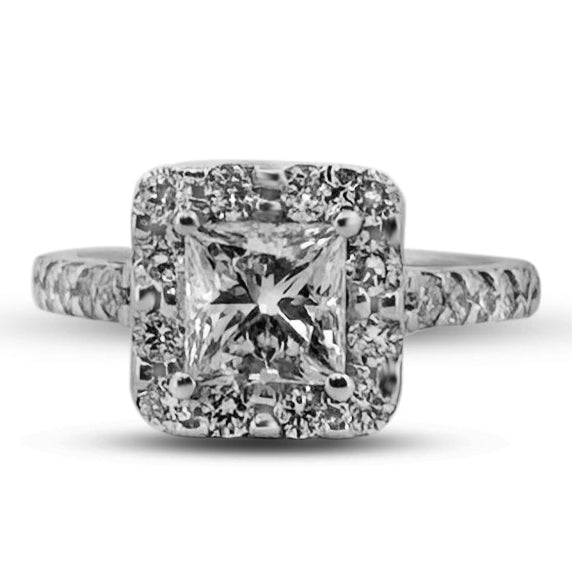 GIA Graded Princess Cut & Round Brilliant Halo Natural Diamond Engagement Ring in 14k White Gold
