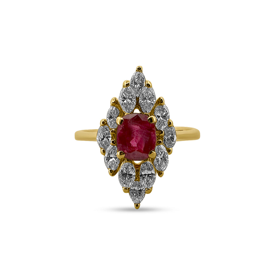 Cushion Cut Ruby and Marquise Diamond Cocktail Ring in 14k Yellow Gold