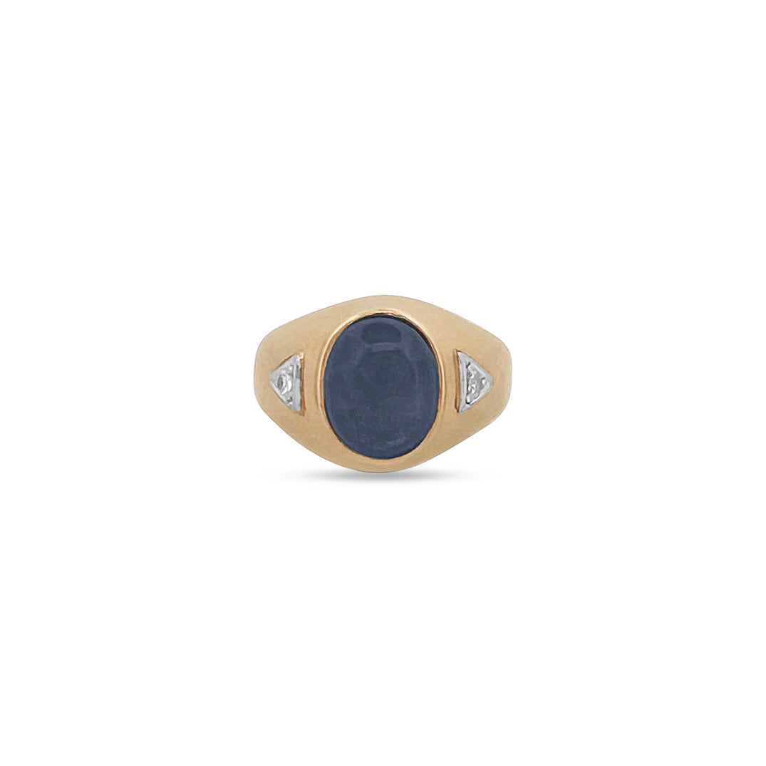 Oval Blue Sapphire Cabochon and Diamond Men's Ring in 14k Yellow Gold