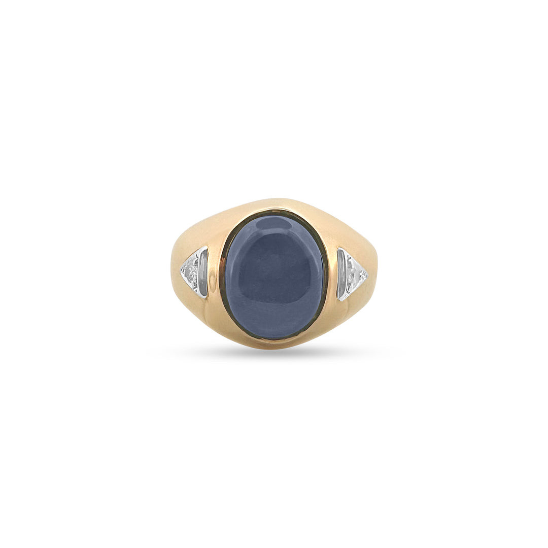 Oval Blue Sapphire Cabochon and Diamond Men's Ring in 14k Yellow Gold