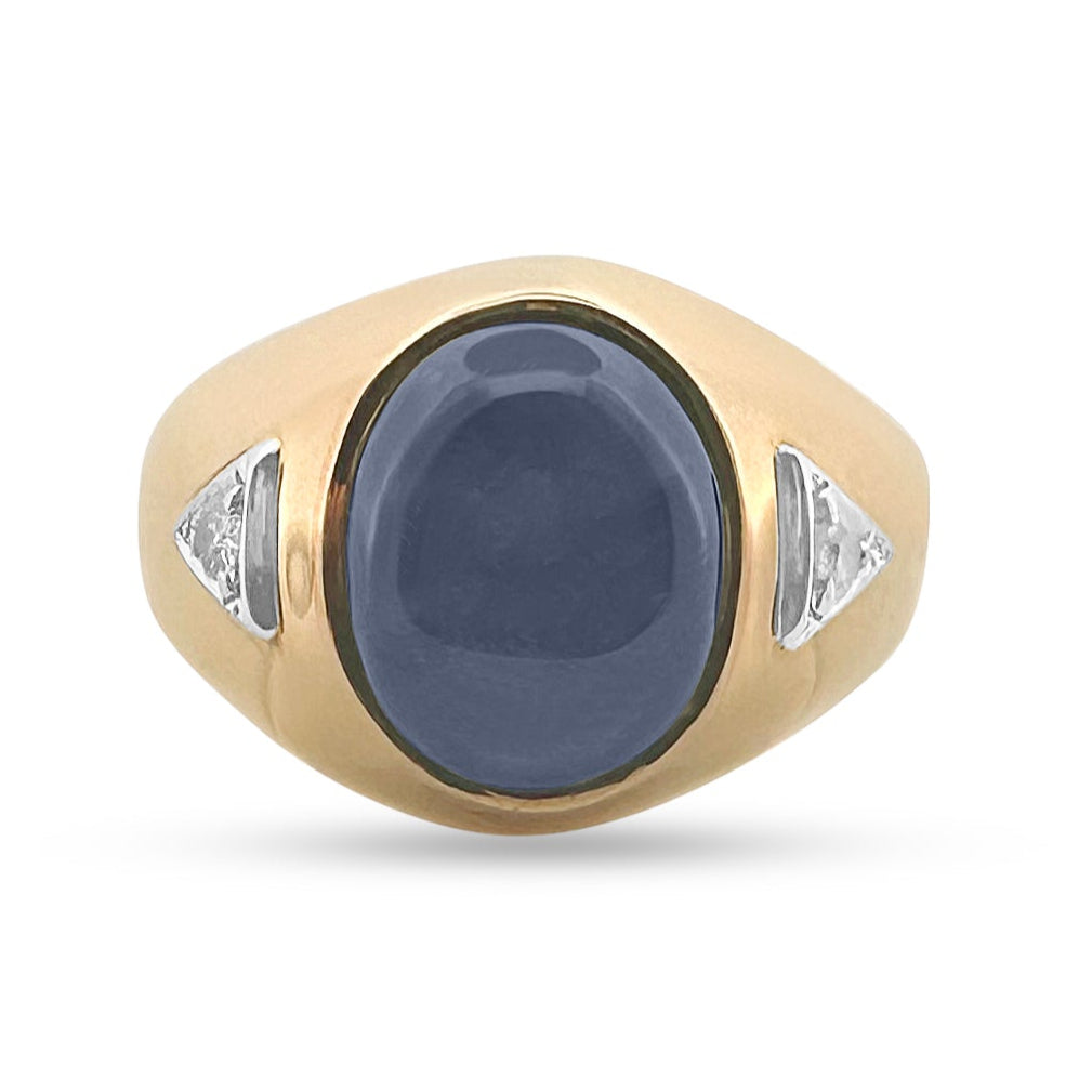 Oval Blue Sapphire Cabochon and Natural Diamond Men's Ring in 14k