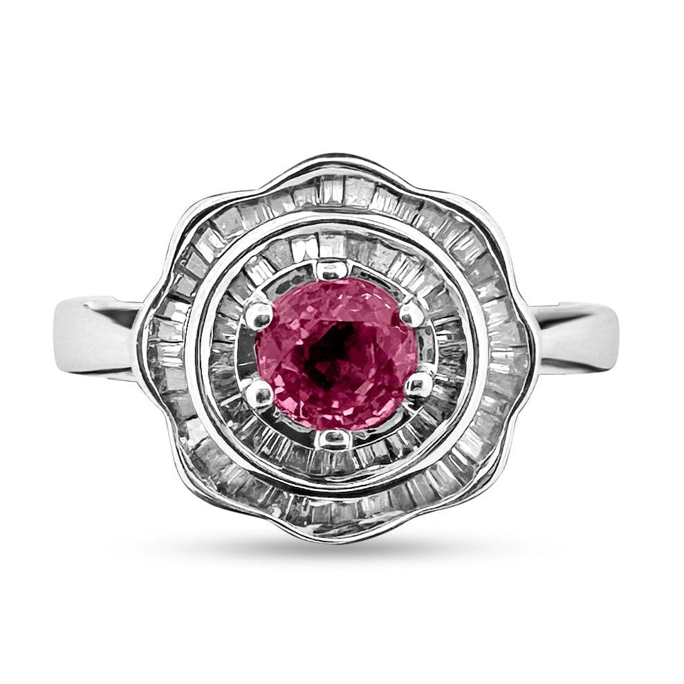Pink Sapphire with Natural Diamond Double Halo Ring in 14k White