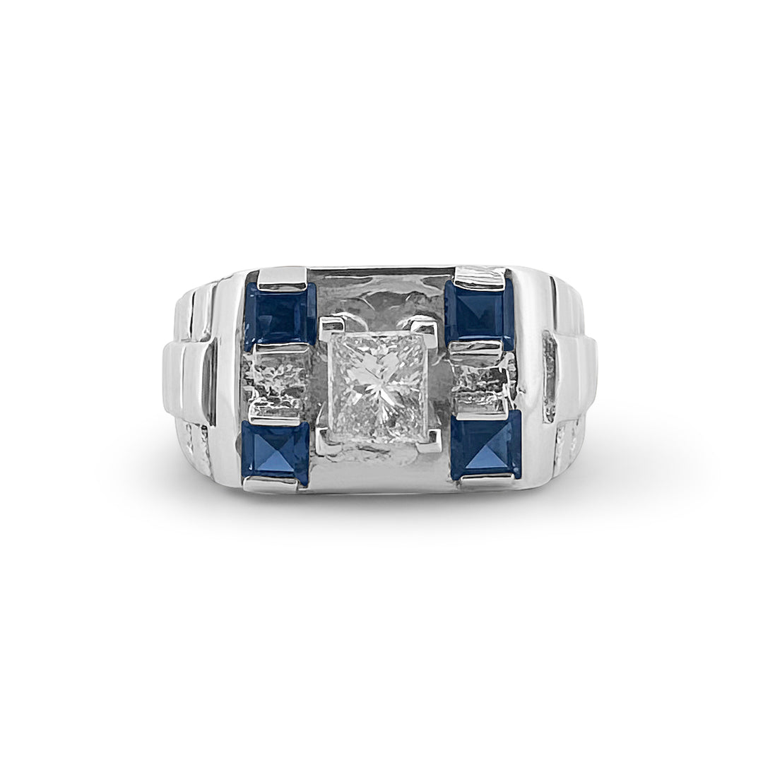 Princess Cut Diamond and Synthetic Spinel Custom Men's Ring in 10k White Gold