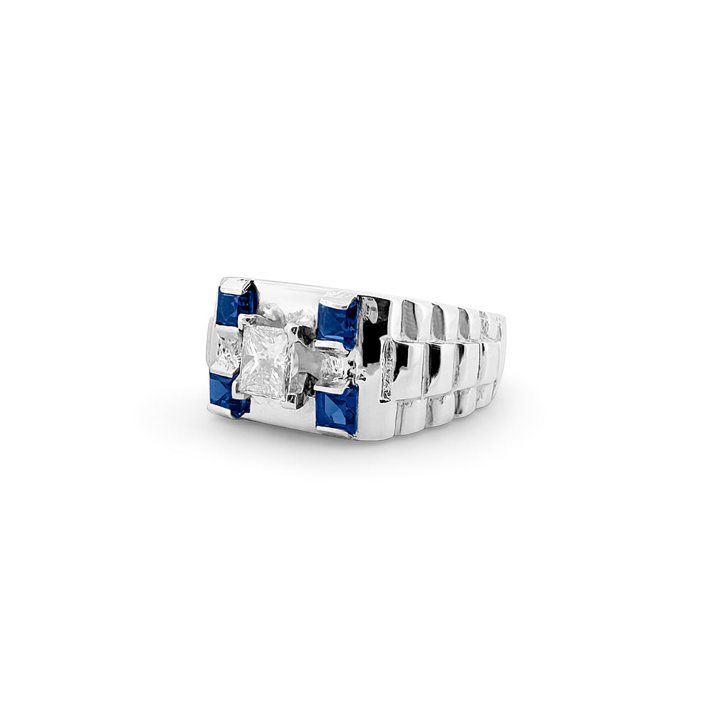 Princess Cut Diamond and Synthetic Spinel Custom Men's Ring in 10k White Gold