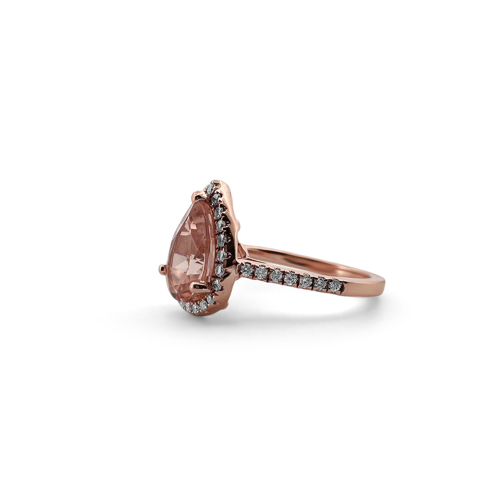 Pear Shaped Morganite with Diamond Halo in 14k Rose Gold Ring