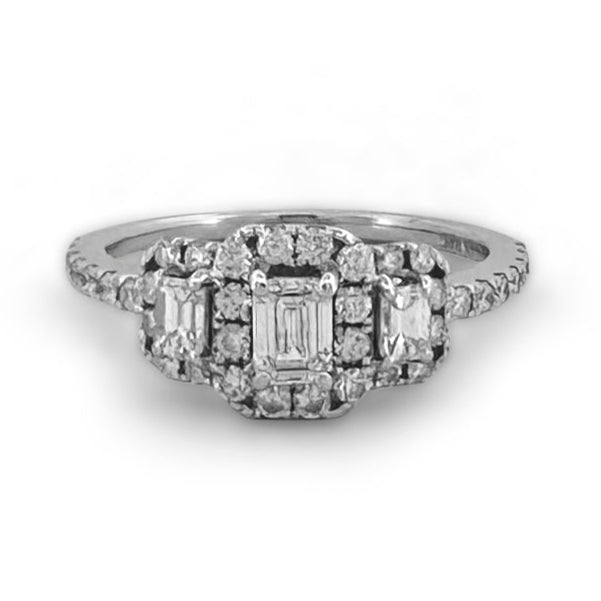 1ctw 3-Stone Emerald and Round Halo Natural Diamond Engagement Ring in 14k White Gold