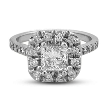 GIA Graded Princess Cut & Round Brilliant Halo Natural Diamond Engagement Ring in 18k White Gold