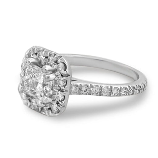 GIA Graded Princess Cut & Round Brilliant Halo Natural Diamond Engagement Ring in 18k White Gold
