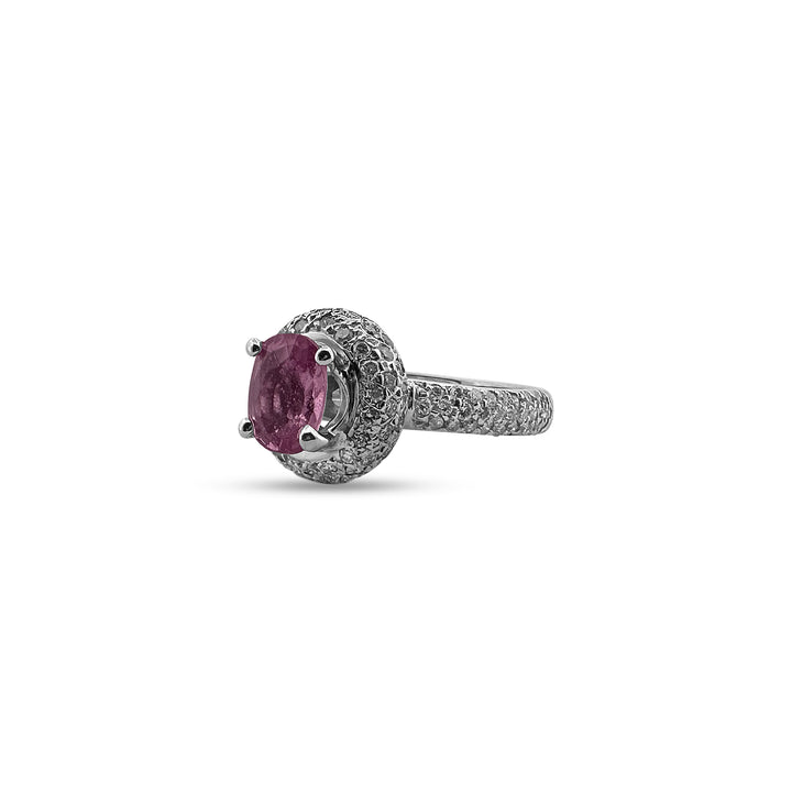 1.76cts Oval Pink Sapphire with Diamond Halo Ring in 14k White Gold
