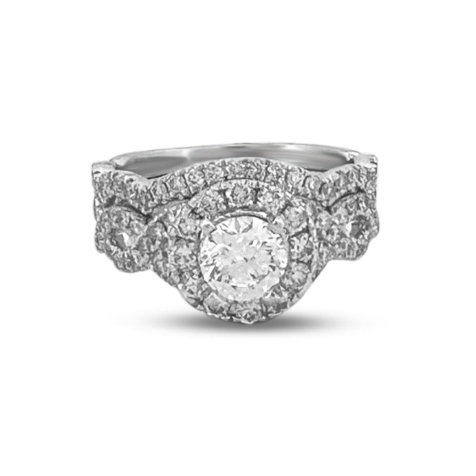GIA Graded 0.82ct Round Brilliant Natural Diamond Halo Engagement Ring & Wedding Band in 14k White Gold