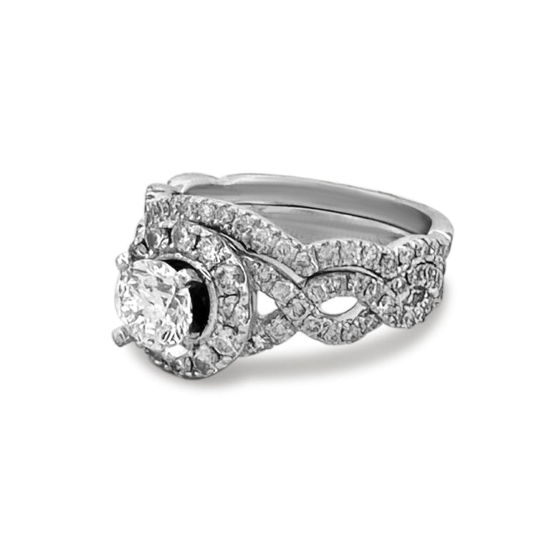 GIA Graded 0.82ct Round Brilliant Natural Diamond Halo Engagement Ring & Wedding Band in 14k White Gold