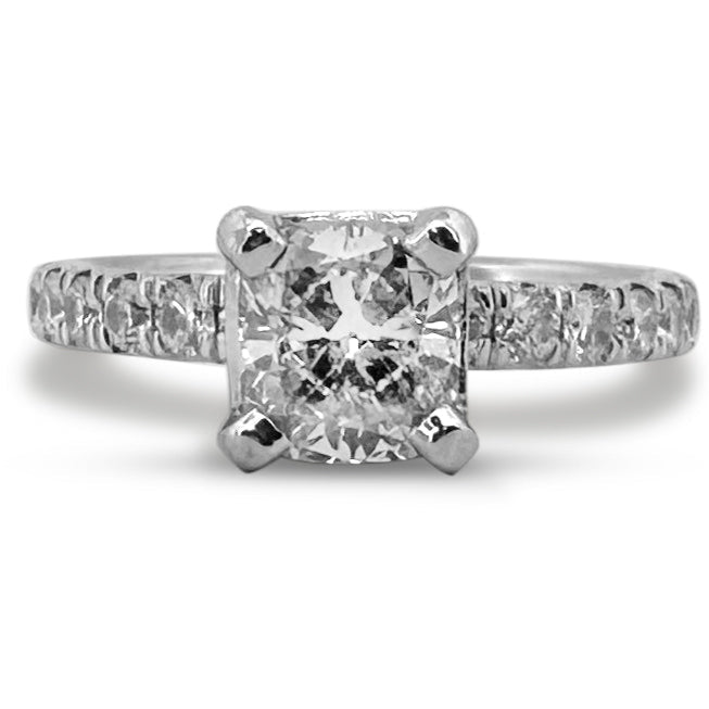GIA Graded 1.35ctw Cushion Cut with Round Brilliant Natural Diamond Engagement Ring in 14k White Gold