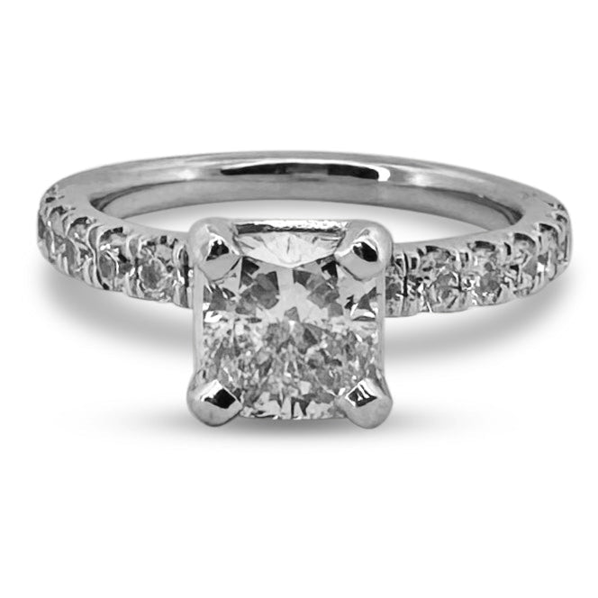 GIA Graded 1.35ctw Cushion Cut with Round Brilliant Natural Diamond Engagement Ring in 14k White Gold