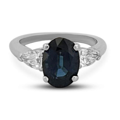 Blue Oval Sapphire & Pear Cut Diamond Cocktail Ring in Platinum