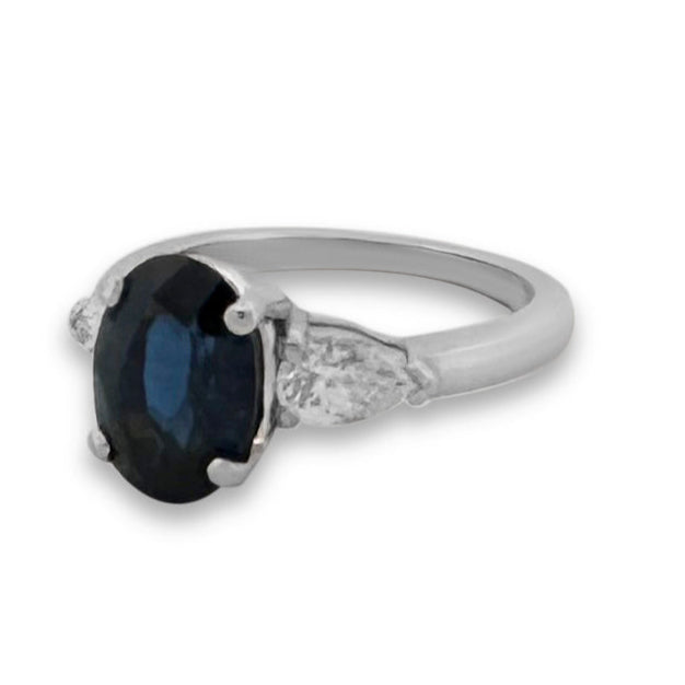 Blue Oval Sapphire & Pear Cut Diamond Cocktail Ring in Platinum