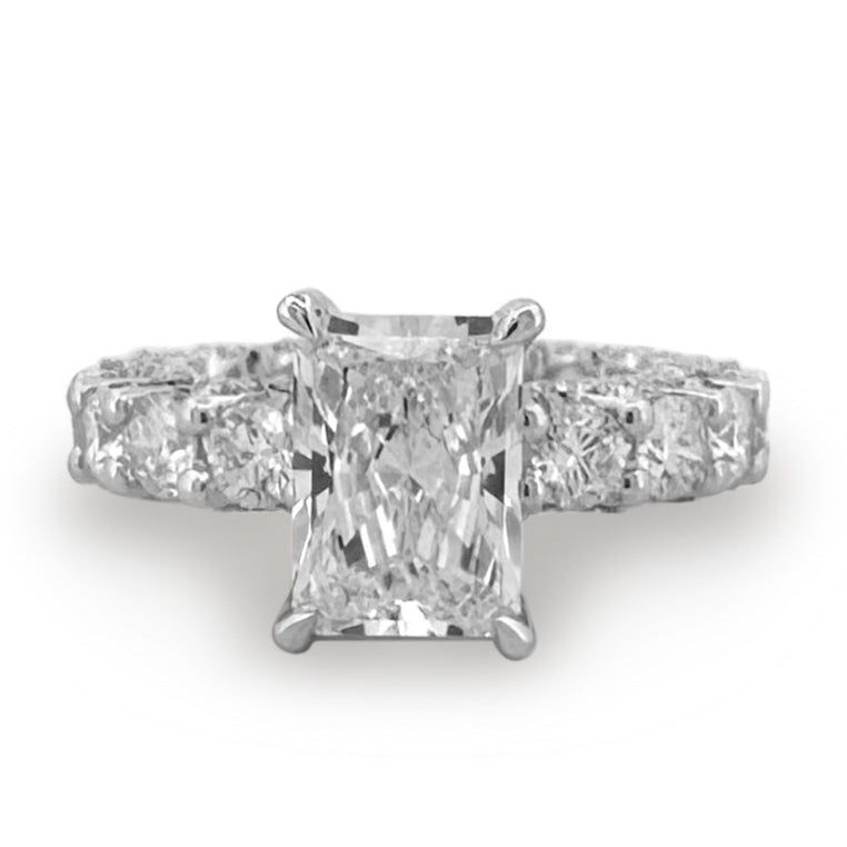 IGI Graded 6.79ctw Radiant & Round Brilliant Cut Lab-Grown Diamond Hidden Halo Eternity Engagement Ring in 14k White Gold